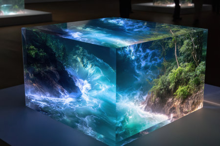 An artistic display showcases a glass cube depicting dynamic water and vibrant foliage, captivating viewers.の素材