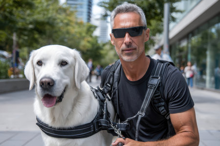 A man confidently walks his friendly white dog through a lively city park filled with people.の素材