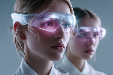 Two striking women wearing smart glasses, showing modern tech in an artistic setting.の素材