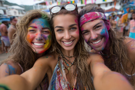 Three friends smile joyfully, their faces covered in bright colors, during a festive gathering by the beach.の素材