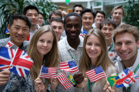 A diverse group smiles in an office, holding national flags from various countries.の素材