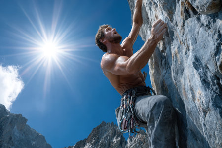 A shirtless climber ascends a steep rock face on a sunny day in the mountains, showing determination.の素材