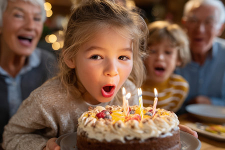 A young girl eagerly blows out candles on a decorated birthday cake surrounded by her family celebrating together.の素材