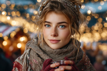 A young woman with bright eyes holds a warm drink, smiling amid twinkling lights at a winter market.の素材