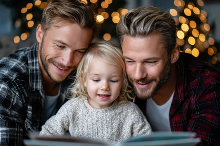 Two men read a book to a young child, creating a warm and joyful atmosphere amidst holiday lights.の素材