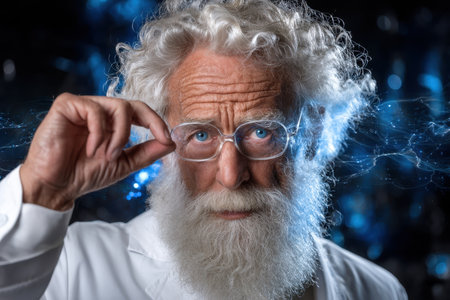 An elderly scientist adjusts his glasses, displaying a focused expression amidst a tech-themed setting.の素材