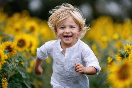 A happy child with blonde hair runs excitedly among tall sunflowers under a clear blue sky.の素材
