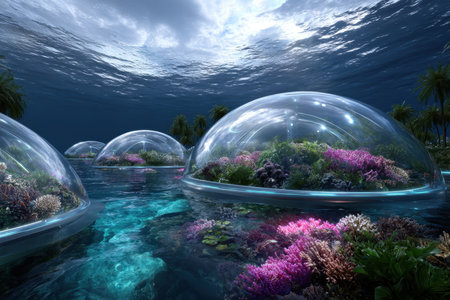 Vibrant coral reefs protected by transparent domes are illuminated under a clear blue sky and tranquil waters.の素材