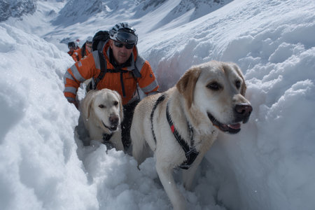 A rescue team hikes through deep snow with golden retrievers, showing teamwork in a winter landscape.の素材