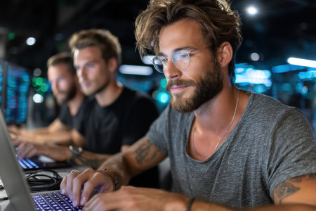 Three men are engaged in coding and collaborating on laptops in a modern tech environment after sunset.の素材
