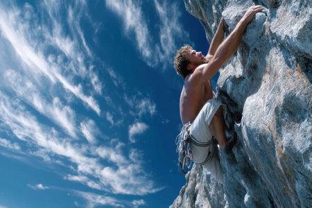 A shirtless climber skillfully navigates a challenging rock face against a vivid sky filled with clouds.の素材