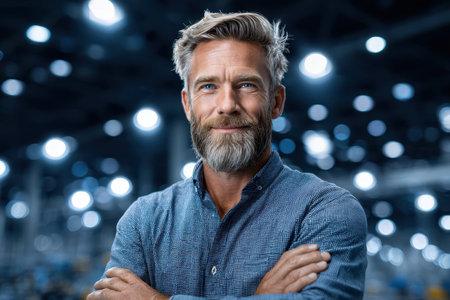 A man stands smiling with arms crossed in a well-lit industrial environment, conveying confidence and approachability.の素材