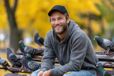 Sunny autumn day in a park where a man enjoys the company of pigeons on a wooden bench.の素材