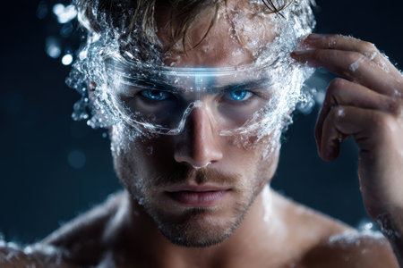 A man removes futuristic goggles while water splashes around him in a dramatic, artistic moment.の素材