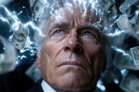 A serious individual stars ahead while money and lightning swirl around, creating a striking visual effect.の素材