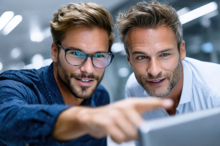 Two young professionals collaborate and share insights while looking at a tablet in an office.の素材