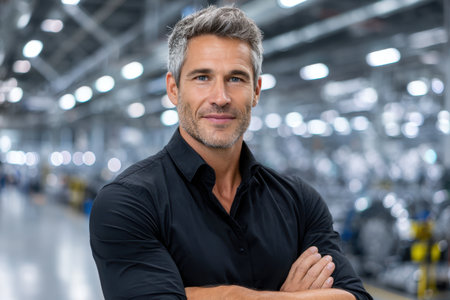 A professional man with gray hair stands confidently in an industrial setting, arms crossed, exuding confidence.の素材