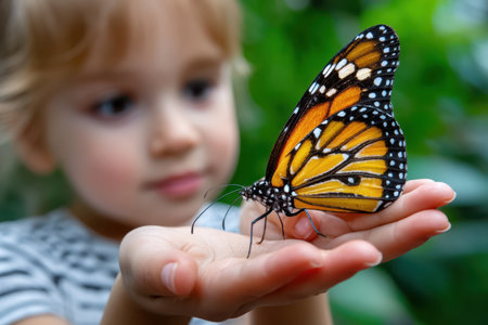 A young child interacts with a monarch butterfly, showing curiosity and wonder in a lush garden.の素材
