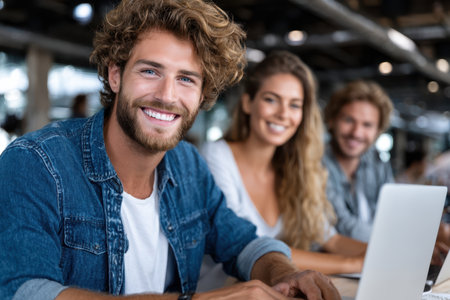A group is collaborating in a stylish co-working space, sharing ideas and smiling as they work together.の素材