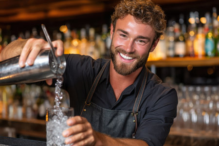 A skilled bartender pours sparkling water into a glass filled with ice at a vibrant bar setting.の素材