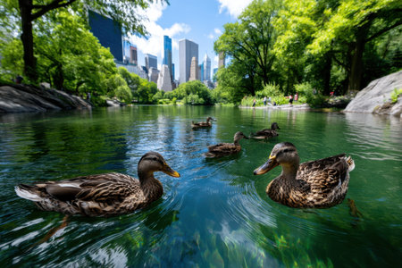 Ducks glide across the clear water in a vibrant park, with city skyscrapers rising in the background under a bright sky.の素材