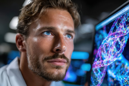 A researcher focuses intently on vibrant genetic data displayed on a computer monitor in the lab.の素材