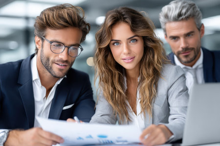 Three business professionals analyze charts and graphs while discussing strategies in a contemporary office.の素材