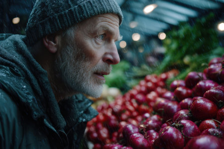 A senior man with a gray beard examines red apples at a market on a rainy afternoon.の素材