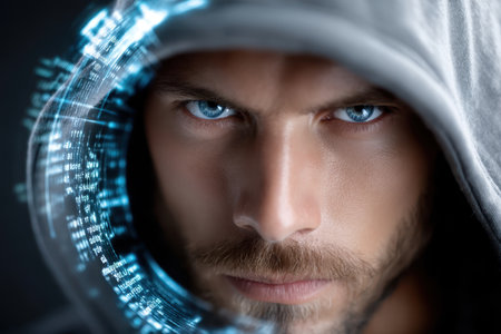 A man with piercing blue eyes and a hood stares intensely at the viewer against a digital backdrop.の素材