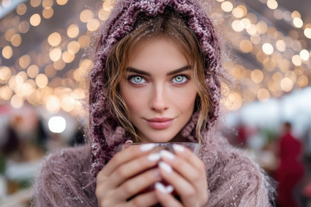 A young woman holds a steaming cup while wearing a warm shawl in a cheerful winter market setting.の素材
