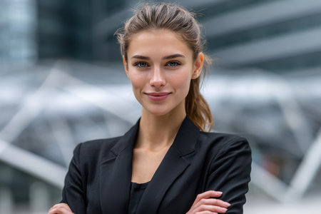 Young woman in a black suit stands confidently with arms crossed in an urban setting, showing professionalism.の素材