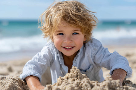 Young boy enjoys building sandcastles at the beach with clear blue sky and ocean waves in the background.の素材