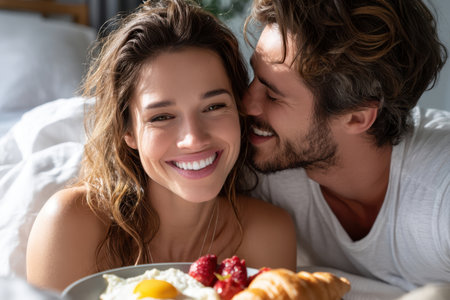 Two people share a joyful moment enjoying a delicious breakfast together in bed, surrounded by light.の素材