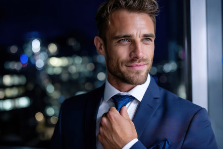 Stylish man in a suit adjusts his tie, showcasing confidence amidst a city skyline lit at night.の素材
