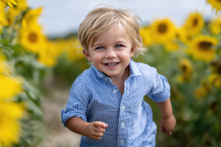 A young boy with blonde hair happily dashes between tall sunflowers, enjoying a bright summer day outdoors.の素材