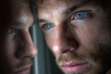 A man with blue eyes gazes intently at his reflection in a dimly lit setting, conveying deep emotion.の素材