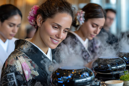 Women dressed in traditional clothing savor a tea ceremony, surrounded by steam and fragrant aromas.の素材