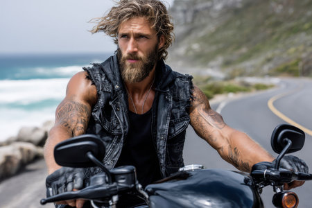 A bearded man in casual attire rides a motorcycle on a scenic coastal road with waves crashing nearby.の素材