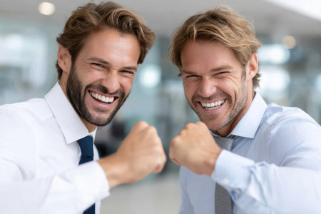 Two men in formal attire joyfully celebrate their success with enthusiastic smiles and gestures in an office.の素材