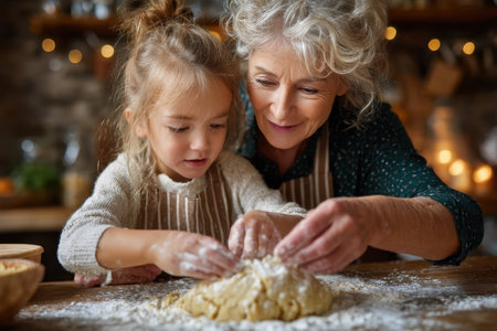 A grandmother and granddaughter joyfully make pasta together in their home kitchen.の素材