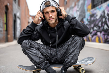 A young man in headphones and casual clothes sits on his skateboard amid vibrant graffiti.の素材