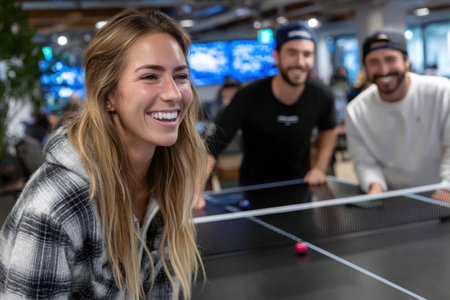 Group of friends playing table tennis and sharing laughter in a vibrant indoor venue at night.の素材