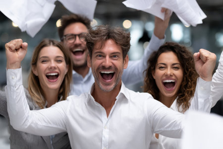 Group of four colleagues joyfully celebrating a significant achievement at the office during work hours.の素材