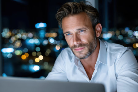 Man focused on his laptop, surrounded by bright city lights, working late into the night.の素材