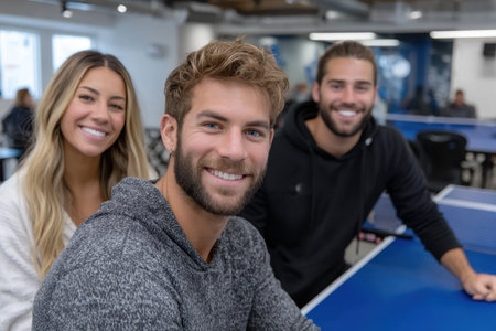 Three cheerful young adults smile at the camera while sitting at a table in a bright, open workspace.の素材