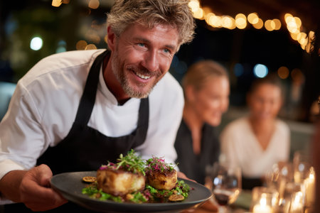 A chef proudly presents beautifully plated dishes to happy guests enjoying their meal under warm lights.の素材