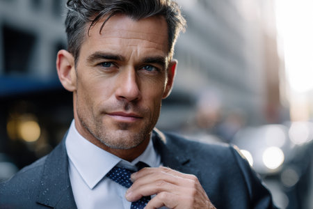 Professional man in suit adjusts his tie, exuding confidence in an urban environment as the sun sets.の素材