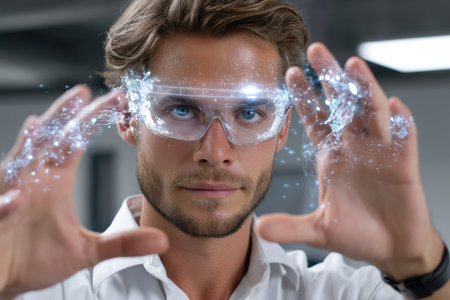 A person demonstrates augmented reality capabilities with smart glasses, showing interactive holographic visuals.の素材