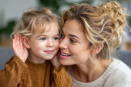A mother and daughter are enjoying a heartwarming moment together, smiling and looking at each other.の素材