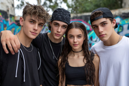 Four young friends stand confidently together, smiling under the urban sun, surrounded by colorful graffiti.の素材